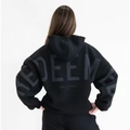Detail view of black oversized hoodie with grey REDEEMED back print for women - S / Black (REDEEMED Print)
