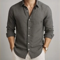 Men's casual long sleeve business shirt in dark grey linen texture with white buttons - S / Dark Gray