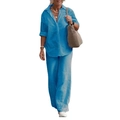 Détail d'un ensemble en lin bleu roi avec chemise boutonnée et pantalon large - S / Haut Et Bas / Bleu lac