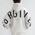 Detailed back view of oversized grey hoodie with FORGIVEN and PSALM 32:1 foam print - S / White (FORGIVEN Print)