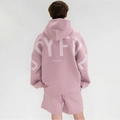 Detail view of purple hoodie with Joyful Romans 12:12 foam print on the back and sleeve - S / Pink (JOYFUL Print)
