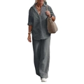 Detail view of grey-blue linen textured women set with lapel shirt and wide-leg trousers - Gray