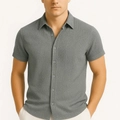 Men's slim fit short sleeve grey button-down shirt with classic collar and fine texture - S / Tops / Gray