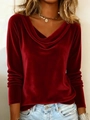 Elegantes, tiefrotes Samt-Langarmshirt mit drapiertem Wasserfall-Ausschnitt für Damen - S / Oberteile / Rot