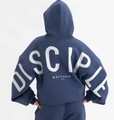 Detail of navy blue hoodie featuring white DISCIPLE print and Matthew 28:19 back graphic - Navy White Label