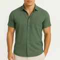 Men's slim-fit short sleeve shirt in dark olive green featuring chest pocket and collar - S / Tops / Olive Green