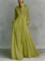 Robe longue plissée vert herbe élégante avec manches longues et taille haute cintrée - Vert