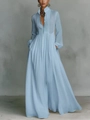 Robe longue bleu clair à manches longues avec taille marquée et design plissé élégant - Bleu