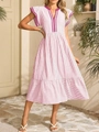 Robe col V à rayures roses et blanches pour femme avec manches à doubles volants - S / Rose
