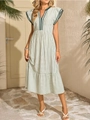 Robe mi-longue à rayures pour femmes avec col en V et manches volantées pour les vacances - S / Vert