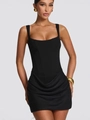 Sexy schwarzes ärmelloses Corsagen-Bodycon-Kleid mit Karree-Ausschnitt und gerafftem Rock - S / Schwarz