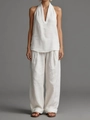 Detail of white sleeveless top and wide-leg trousers in textured breathable cotton linen - S / White