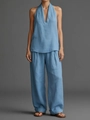 Detailed fabric texture of the light blue sleeveless top and wide-leg trousers linen set - S / Sky Blue