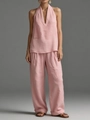 Detail of pink sleeveless halter top and wide-leg trousers in breathable linen fabric - Pink
