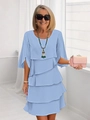 Fashionable light blue tiered chiffon dress with round neck and split ruffie sleeves - S / Blue