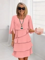 Women's pink tiered crew neck dress with layered skirt and slit cuff sleeves fashion - S / Pink