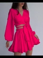 Detail of rose pink textured two-piece set featuring a tie-waist top and pleated shorts - S / Rose Red
