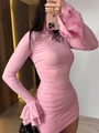 Detail of pink slim fit dress with high neck and multi-layered ruffled bell sleeves - Deep Pink