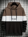 Men's brown and white patchwork hoodie with Keep Learning text and drawstring hood - S / Top - Color-Block Splicing (KEEP LEARNING) / Coffee