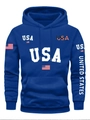 Dark blue men's USA pullover hoodie with white lettering and American flag print - S / Tops / Blue