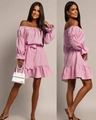 Detail of off-shoulder lantern sleeves and waist tie on this elegant pink mini dress - S / Pink