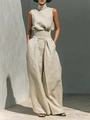Détail de la texture du tissu en coton et lin beige sur le haut sans manches et le pantalon - S / Abricot