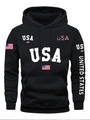 Black colorblock hoodie featuring USA flag print and drawstring hood for casual sportswear - S / Tops / Black