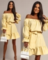 Detail of elegant yellow off-shoulder satin dress with puff sleeves and tie-waist bow - S / Yellow