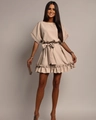 Close-up of waist tie detail with bow on beige ruffle hem mini dress for women - Khaki