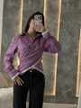 Retro slim plaid long sleeve shirt with lace trim for women in pink and blue - S / Purple