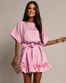 Detail of pink summer dress featuring elegant waist tie and ruffled hemline textures - S / Pink