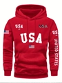 Men's bright red pullover hoodie featuring USA flag print and United States sleeve detail - S / Tops / Red