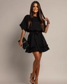 Close-up of waist tie belt and ruffled hem on elegant black short sleeve dress - S / Black