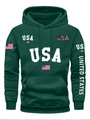 Dark green USA flag print hoodie with kangaroo pocket and drawstring for men - S / Tops / Green