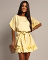 Detailed view of yellow mini dress with waist tie and delicate ruffled hemline - S / Yellow