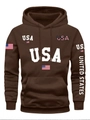 Men's dark brown hoodie with USA flag prints and United States sleeve lettering - S / Tops / Coffee