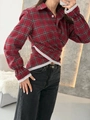 Vintage red plaid long-sleeve shirt with lace trim and crossover waist for women - Dark Red