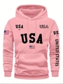 Pink men's hoodie with USA flag print and kangaroo pocket in a sporty casual style - S / Tops / Pink