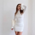 Slim fit white high neck mini dress with pleated texture and dramatic ruffle sleeves - S / White
