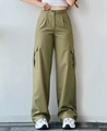 Detail of olive green cargo pants with functional side flap pockets and high waist fit - S / Olive Green