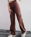 Detail view of brown high-waisted cargo pants showing side flap pocket and sturdy fabric - S / Brick Red