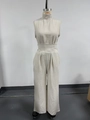 Combinaison beige sans manches à col montant avec jambes larges et taille plissée - S / Abricot Style 1