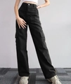 Close-up of black cargo pants featuring high waist and functional side flap pockets - Black