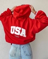 Relaxed red USA 1984 graphic hoodie with drop shoulders for women in retro sport style - S / Red