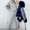 Women's light grey knitted tracksuit featuring long sleeve top and drawstring joggers - S / Gray