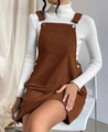 Detail of high-quality brown corduroy overall dress with metal buckles and ribbed knit top - S / Coffee