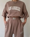 Detail of Los Angeles print on a premium mauve short-sleeve sweatshirt and matching pants - S / Dusty Rose
