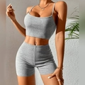 Detail of grey rib-knit sports set showing fabric texture on camisole and high waist shorts - S / Top And Bottom / Gray