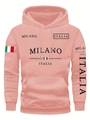 Pink men's hoodie with Milano Italia print and Italian flag details in loose fit - S / Tops / Pink