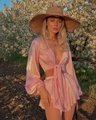 Detail of light pink satin two-piece set featuring long lantern sleeves and lace-up top - S / Top And Bottom / Pink